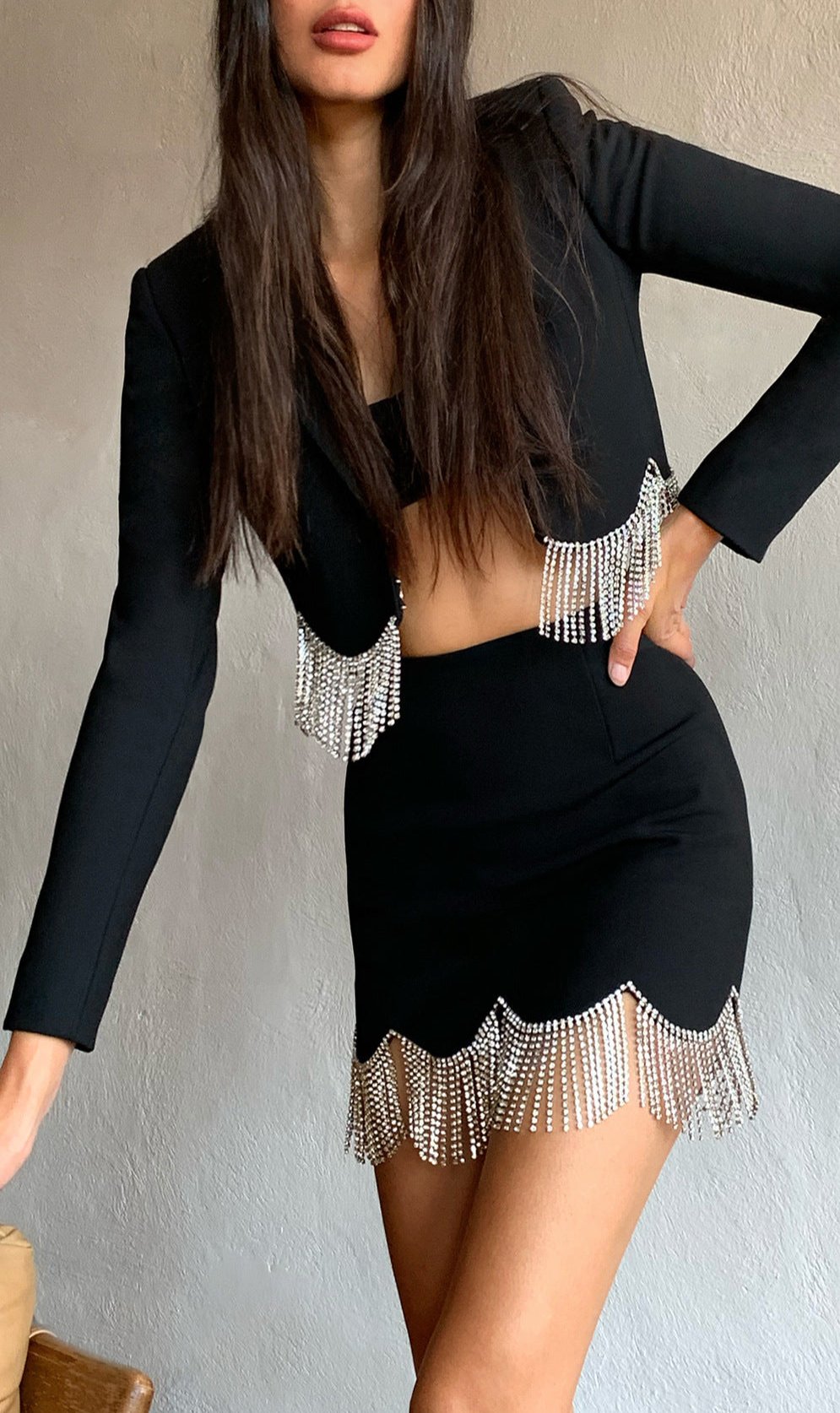 Tailored Blazer and Embellished Black Mini Skirt Suit for Women - Chiccharm