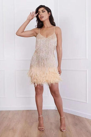 Tassel Sequins Feather Stitching Dress - Chiccharm