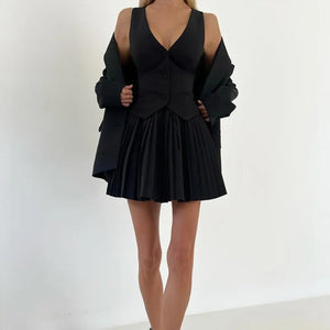 Three-Pieces Suit with Pleated Mini Skirt - Chiccharm