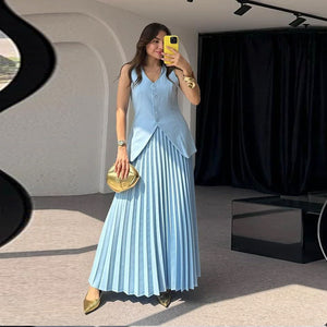 Vest with Maxi Pleated Skirt Two-piece Set - Chiccharm