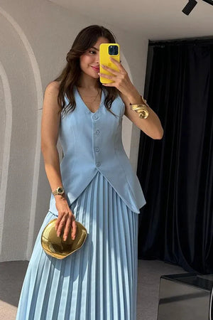 Vest with Maxi Pleated Skirt Two-piece Set - Chiccharm