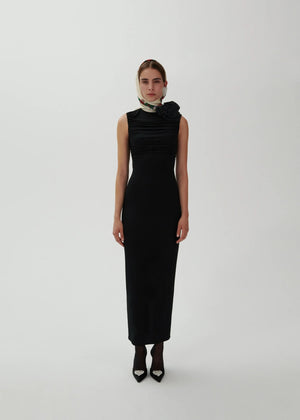 Vienna Rose Black Pleated Sheath Dress Midi
