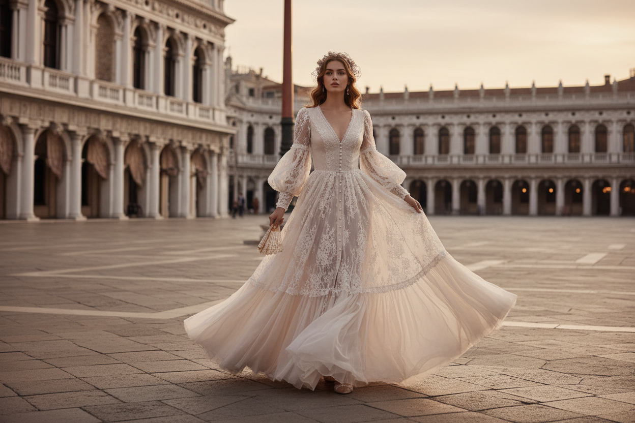 a woman walking in an open plaza wearing an elegant dress
