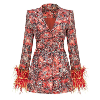 Floral Majesty Feathered Blazer Dress