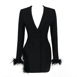 Feather Trim Long Sleeve Blazer Dress