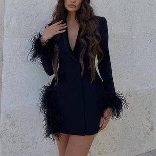 Feather Trim Long Sleeve Blazer Dress