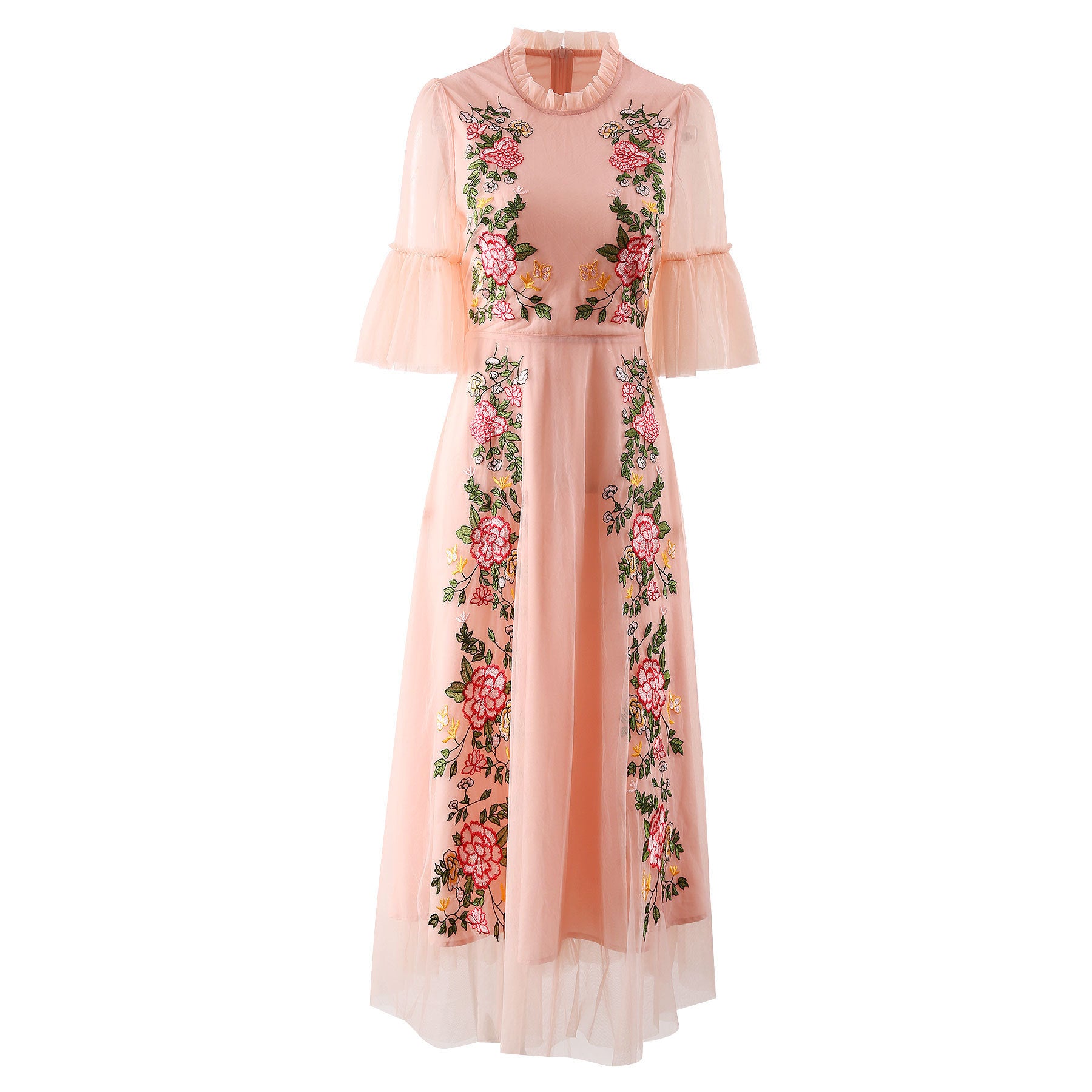 Blush Pink Floral Embroidered Midi Dress