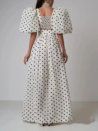 Square-neck Puff Sleeve Polka Dot Dress Suit - Chiccharm