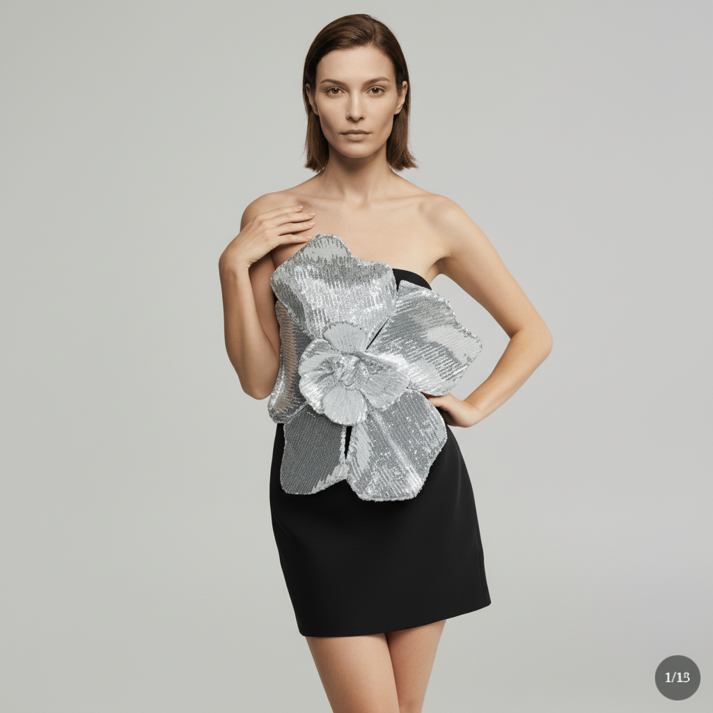 Black strapless mini dress with large 3D silver sequin flower on bodice, avant-garde party fashion UK - Chiccharm Boutique.