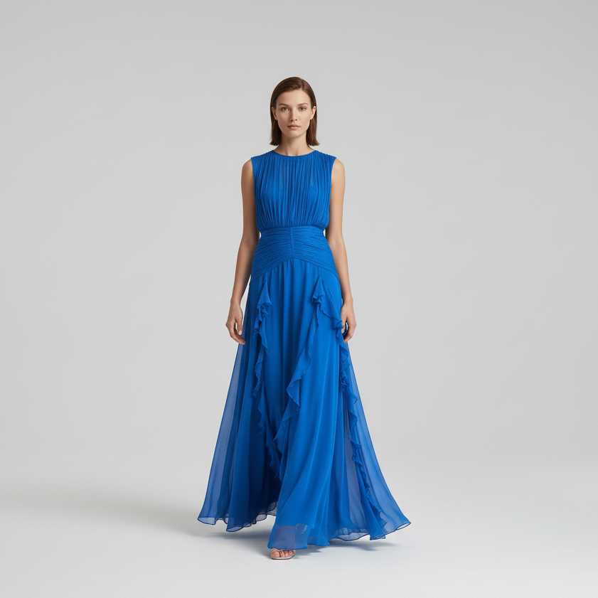 Woman wearing a blue dress on a gray background