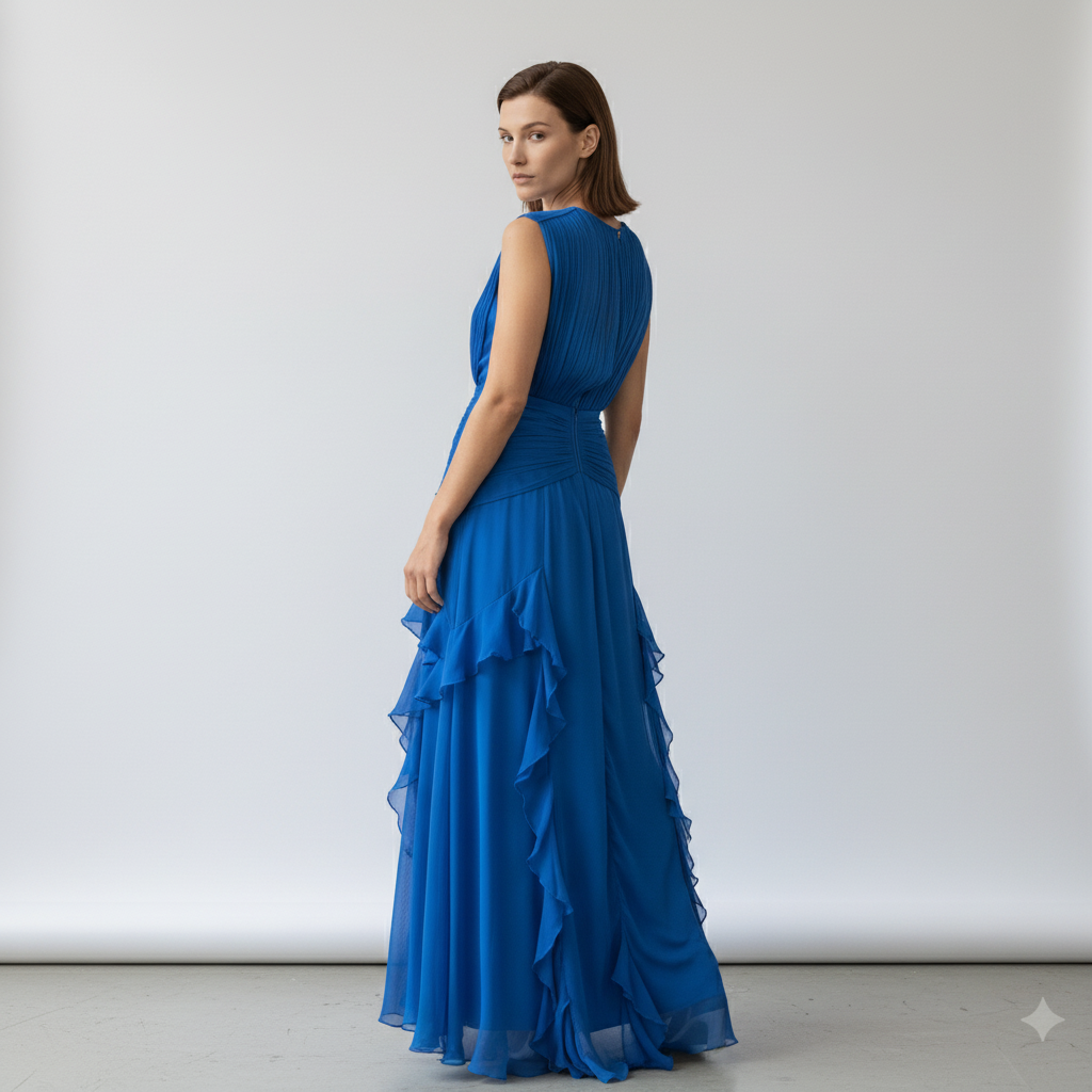 Woman wearing a blue evening gown against a white background