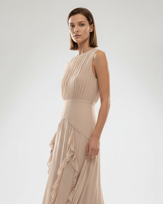 Woman wearing a beige dress with ruffled details on a plain background