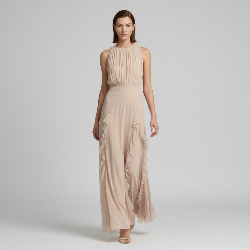 Champagne apricot sleeveless bridesmaid dress with pleated bodice and flowy ruffle skirt, elegant summer occasion wear - Chiccharm Boutique.