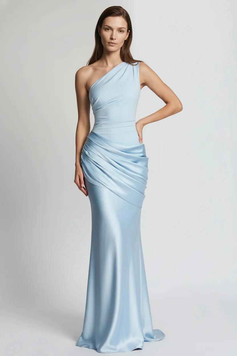 Elegant one-shoulder satin evening gown with ruched hip draping and mermaid skirt, luxury occasion wear UK - Chiccharm Boutique.