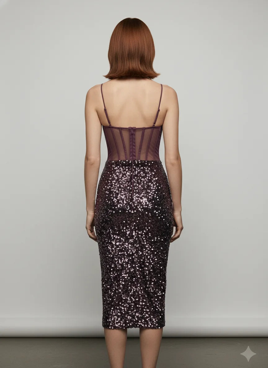 Back view of plum purple sequin dress with exposed zip closure and rear vent slit for movement, elegant evening fashion UK.