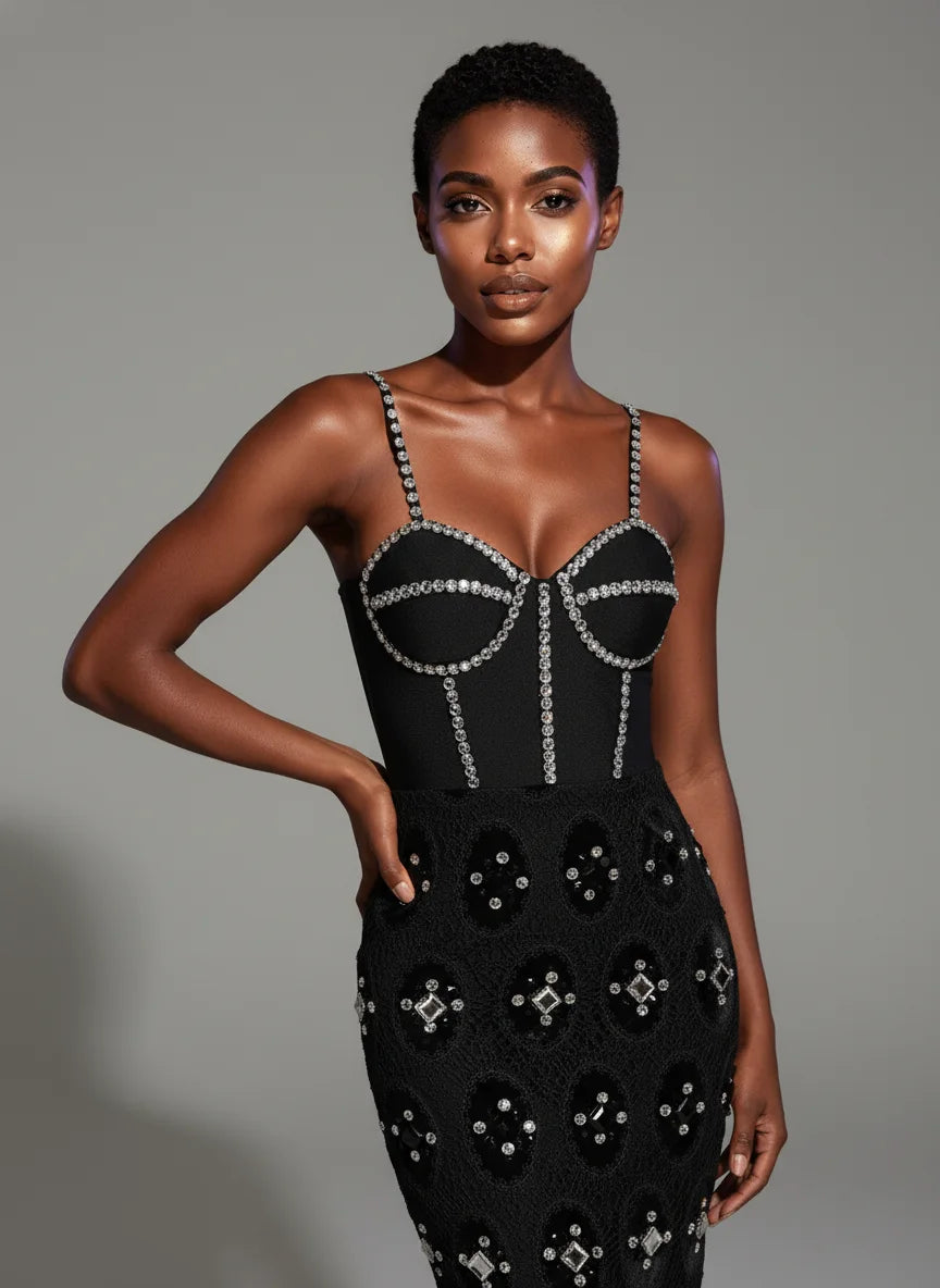 Woman wearing a black dress with silver embellishments against a gray background