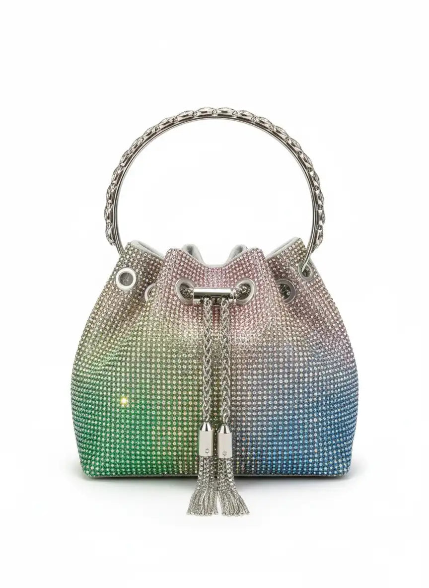 Multicolored handbag with rhinestone details on a white background