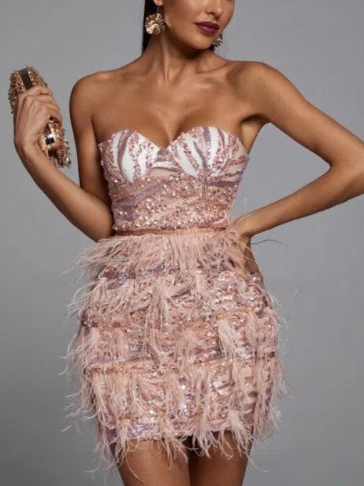 Feather Strapless Mini Dress